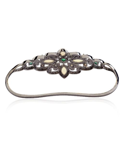 Artisan White Marquise Cut Ethiopian Opal & Emerald Pave Diamond In 18k Solid Silver Palm Bracelet