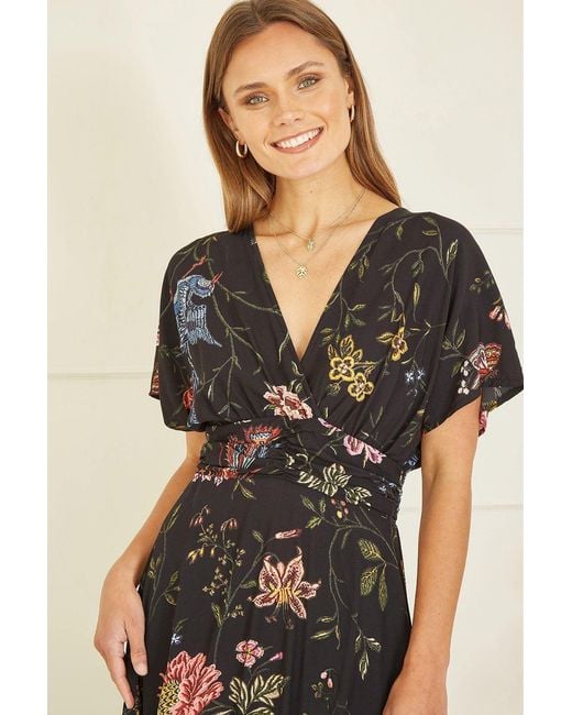 Yumi' Black Viscose Bird & Floral Print Kimono Midi Dress