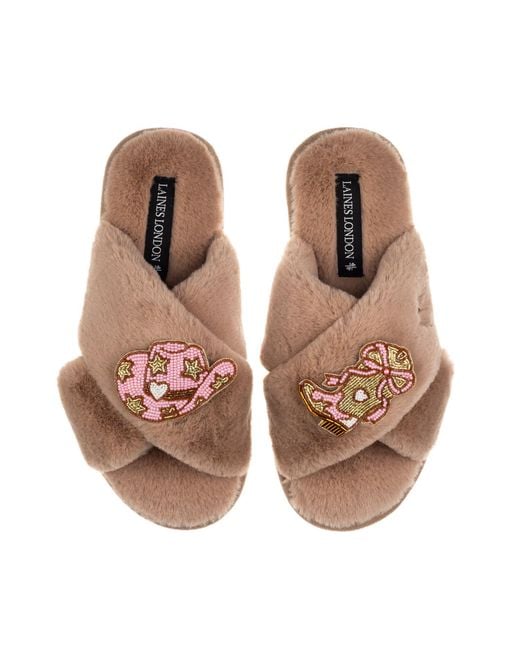 Laines London Brown Neutrals Classic Laines Slippers With Cowgirl Hat & Cowgirl Boots Brooches