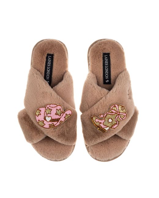 Laines London Brown Neutrals Classic Laines Slippers With Cowgirl Hat & Cowgirl Boots Brooches