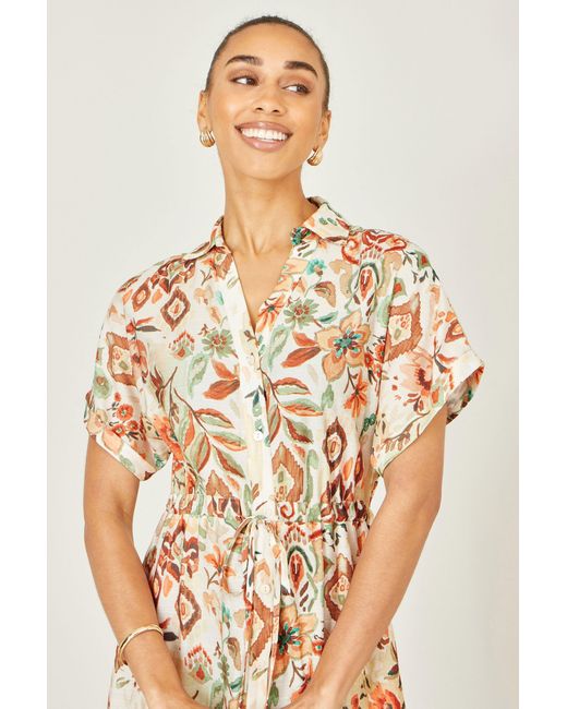 Yumi' Metallic Neutrals Ivory Viscose Relaxed Boho Print Maxi Shirt Dress