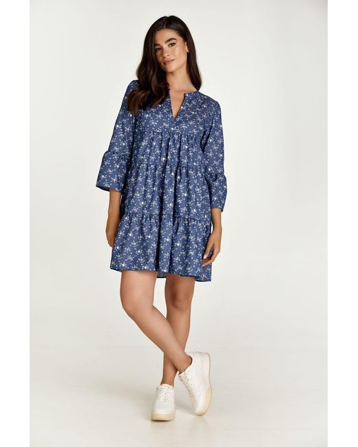 Conquista Blue Floral A Line Dress With Bell Sleeves