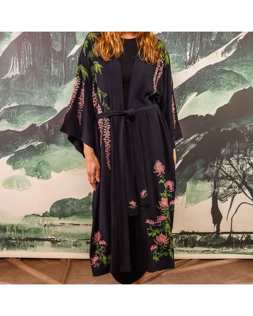 Artemis Muse Black Wisteria & Chrysanthemum Embroidered & Fully Lined Long Kimono