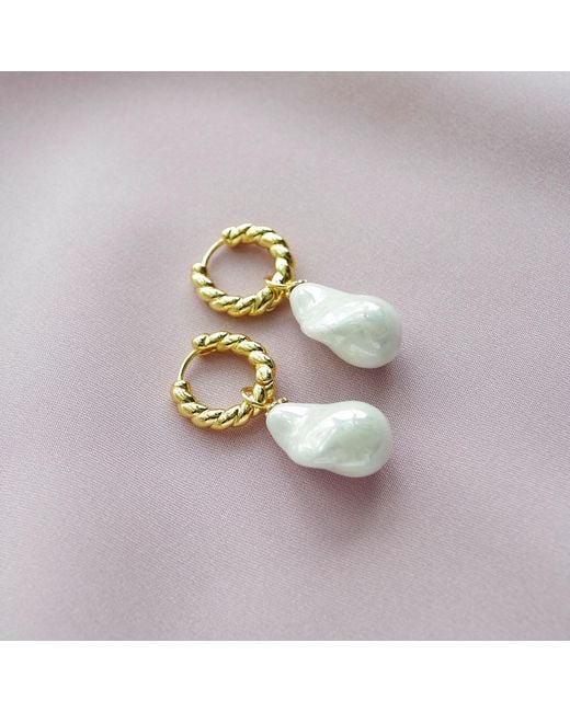 POPORCELAIN Metallic Porcelain Baroque Pearl Hoop Earrings