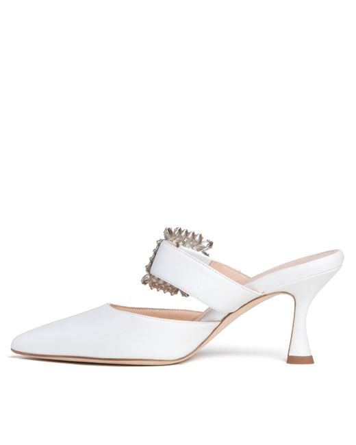 Beautiisoles by Robyn Shreiber Made in Italy White Georgina Pearlized Leather Mule Elegant & Sexy With Jewels Wedding Bridal For Evening Wear