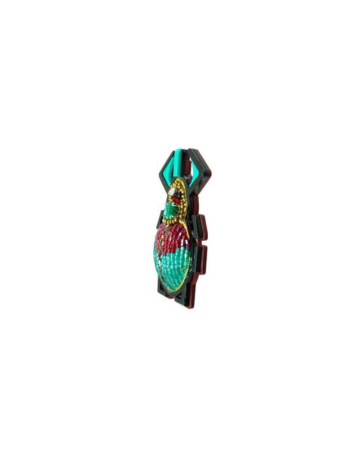 Gissa Bicalho Green Handmade Acrylic Brooch Embroidered Scarab Burgundy