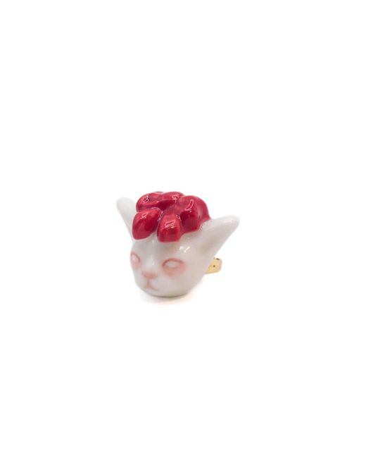 H2 Studio Red Angry Puss Porcelain Ruby Bow Tie Cat Plated Brass Ring