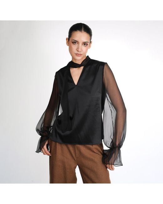 Gunda Hafner Ltd Black Silk Blouse With Sheer Sleeves