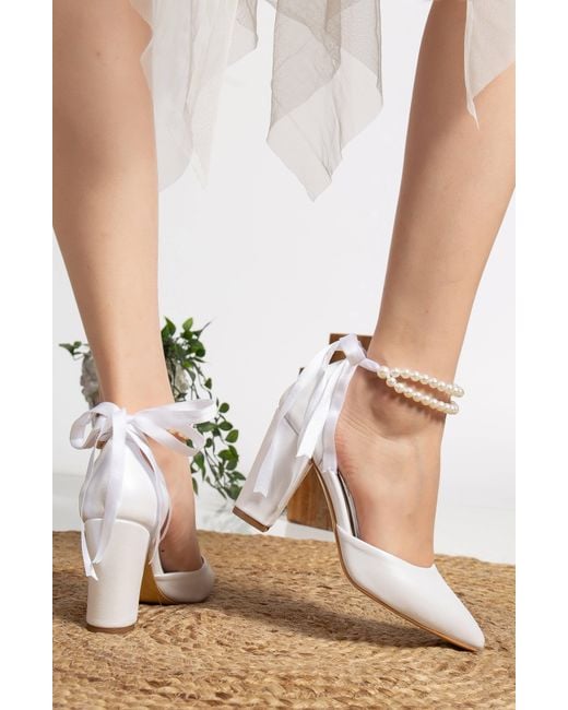 Forever & Always Shoes White Gilda Ivory Leather Bridal Heels With Pearls