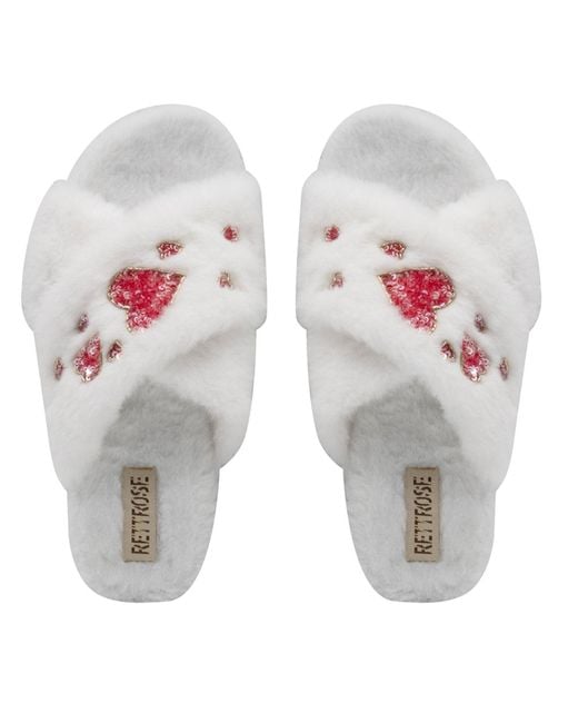 Rettrose White Neutrals Kaylee Cream Luxury Plush Diamanté Embellished Handmade Slipper