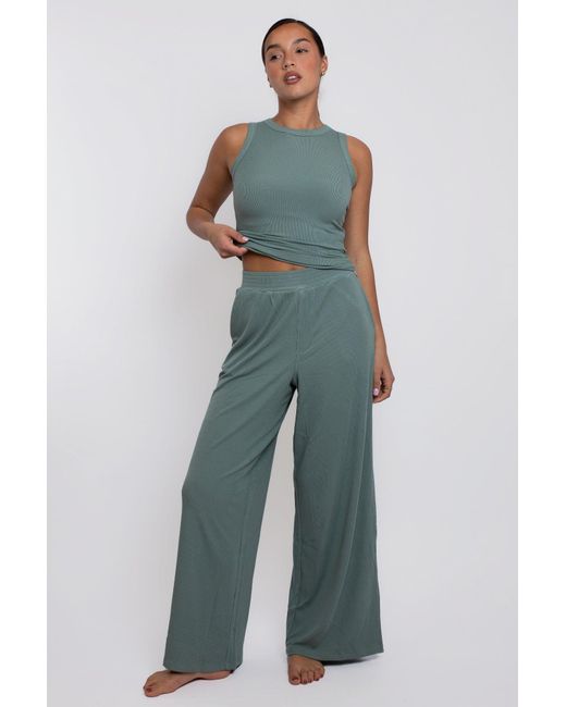 Vænn Blue Pull On Wide Leg Rib Pant Agave