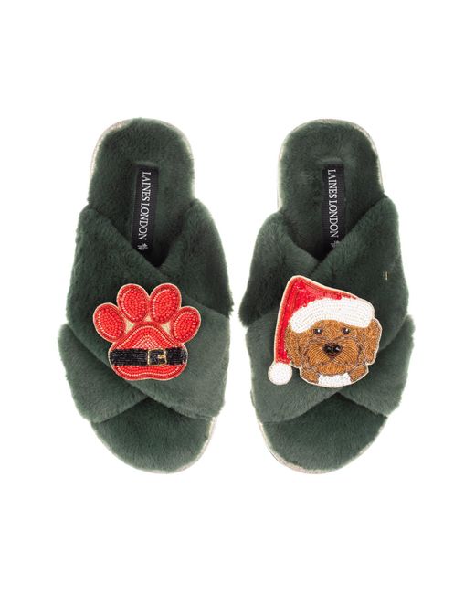 Laines London Green Classic Slippers With Christmas Cockapoo & Paw Brooches