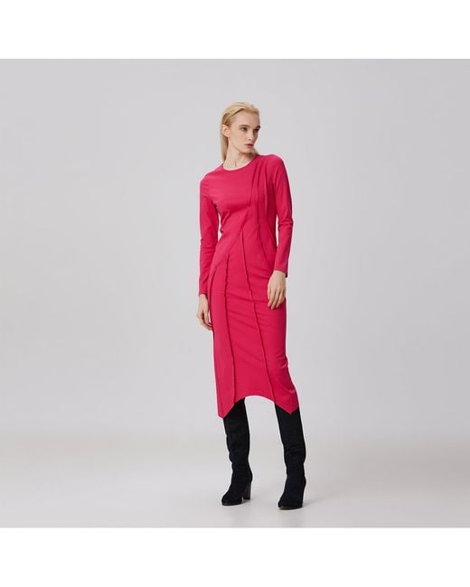 Smart and Joy Red Asymmetric Structural Lines Dress