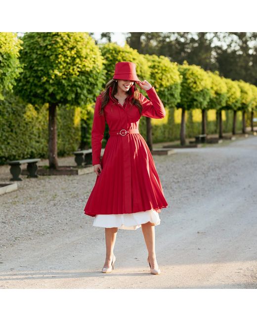 RainSisters Red Fit & Flare A-Line Coat With Pleated Skirt: Scarlet Waltz
