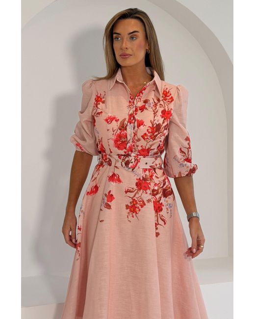 Girl In Mind Pink Renata Floral Boarder Print Print Midi Dress