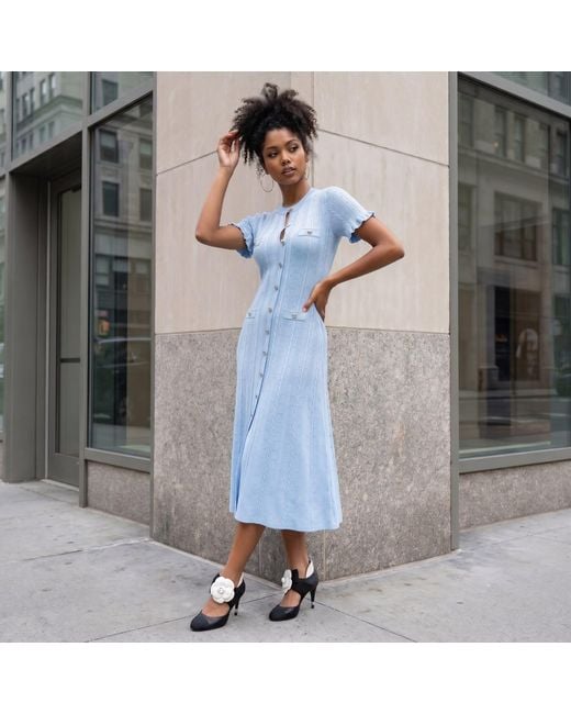 Modenaire Blue Knit Midi Dress Sculpted Button Front