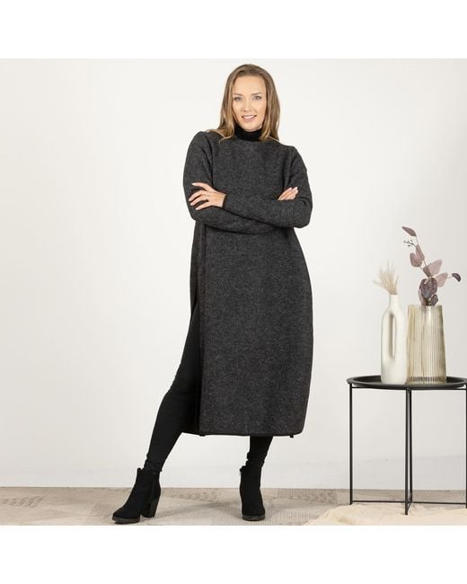 Nikka Place Black Minimalist Boiled Wool Sweater Dress With Long Sleeves And Slits