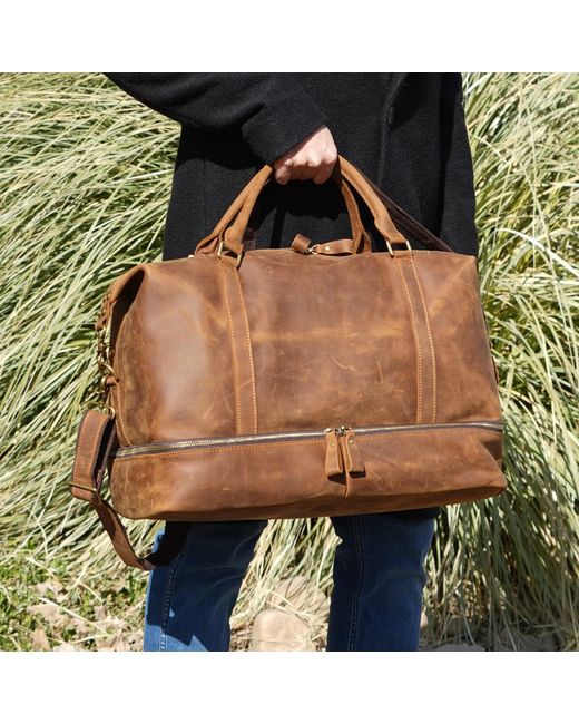 Touri Brown Leather Weekend Bag With Suit Compartment for men