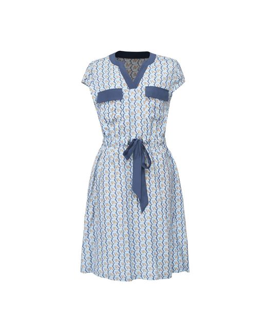 Smart and Joy Blue Tunic Dress With Drawstring Belt And Geometric Print