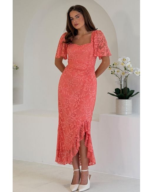 Girl In Mind Red Heidi Lace Ruched Midi Dress Coral