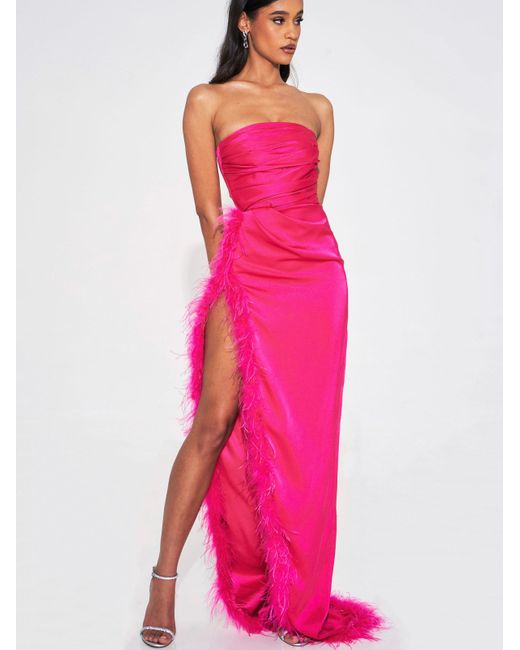 Miss Circle New York Pink Perrin Fuchsia Feather Dress High Slit Gown