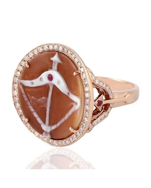Artisan Brown 18k Gold Shell Cameos Archer Symbol Diamond Ruby Gemstone Ring Jewelry