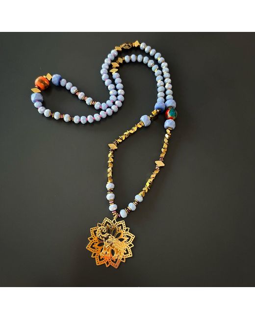 Ebru Jewelry Metallic Filigree Gold Lucky Elephant Pendant Hematite & Blue Beaded Necklace