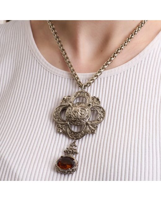 Caramel Vintage Jewellery Metallic Ornate Amber Pendant Necklace