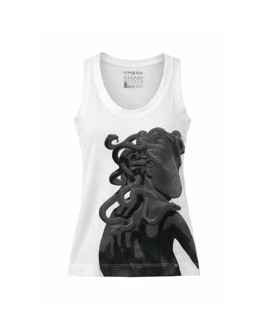 Conquista White Art Print Sleeveless Cotton Tank Top