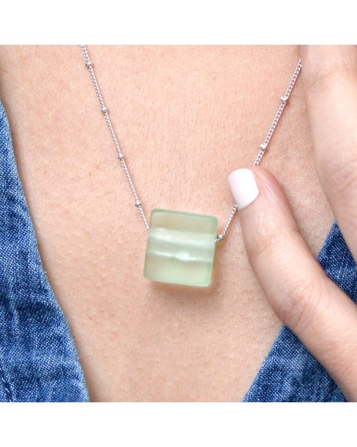 Smart Glass Jewelry Metallic Neutrals Recycled Glass Cube Necklace Sterling Antique Clear