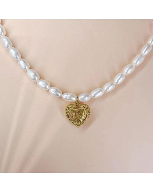 Angel Barocco Metallic Golden Heart Freshwater Pearl Necklace