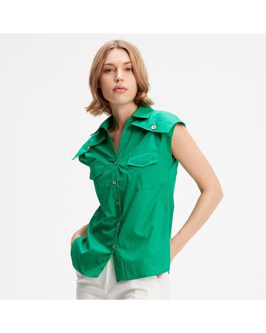 Smart and Joy Green Sleeveless Shirt With Flaps On Shoulders