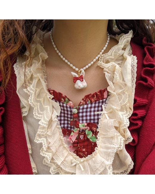 H2 Studio White Grumpy Bunny Ruby Bow Tie Freshwater Pearl Necklace