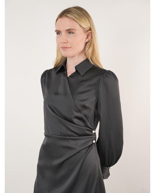 John Abgin Black Satin Pearl Detail Maxi Dress