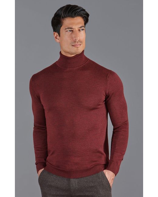 Paul James Knitwear Red Extra Fine Merino Wool Westonn Roll Neck Jumper for men