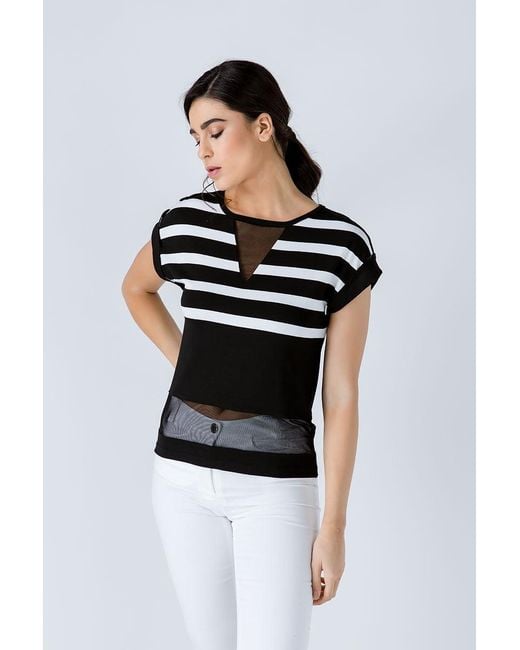 Conquista Black Striped Top With Sheer Detail
