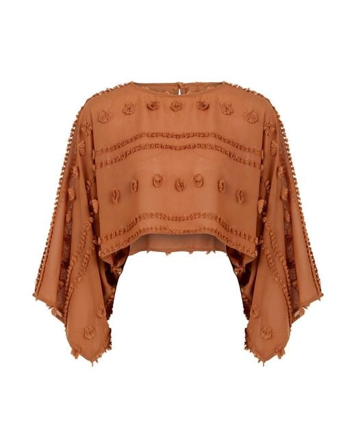 Lilamie Brown Capri Loose Fit Long Sleeve Summer Blouse-Brick