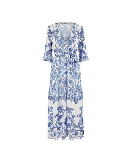 Yumi' Blue Paisley Wrap Maxi Dress