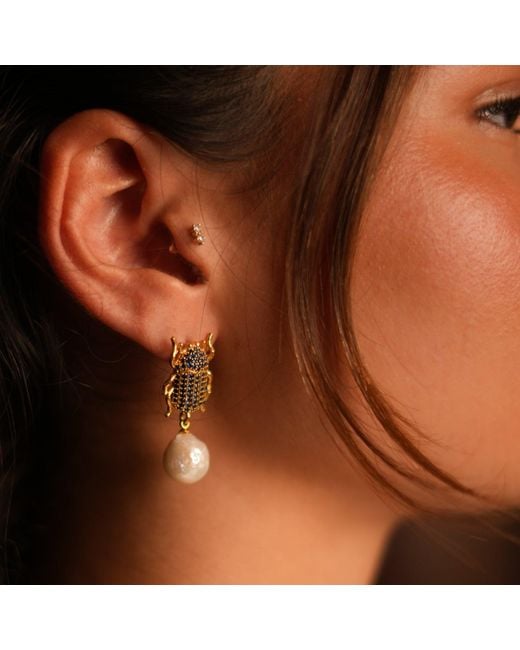 Ebru Jewelry Metallic Egyptian Scarab Sapphire & Pearl Dangle Mystic Earrings