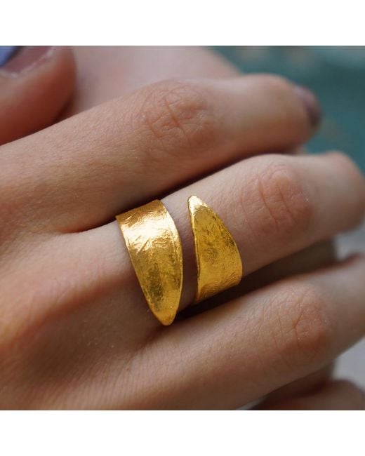 Mother Nature Jewelry Yellow Leaf Ring, Adjustable Handmade Double Band