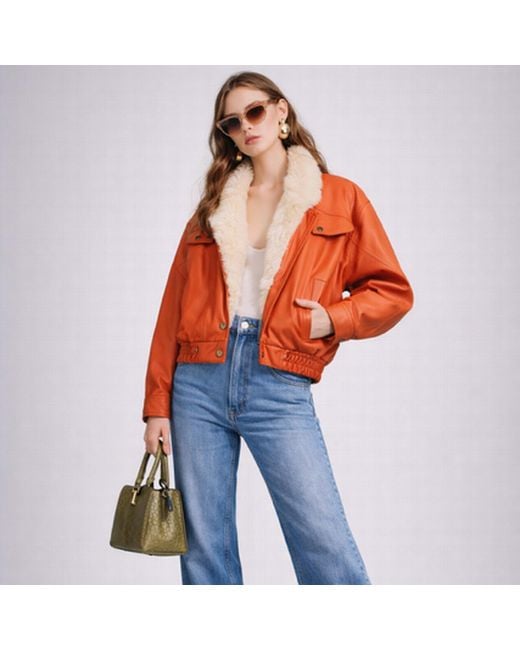 Zasta Studio Orange Highball Faux Fur Lining Bomber Leather Jacket