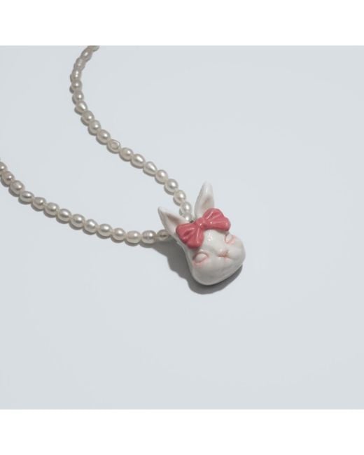 H2 Studio Metallic Grumpy Bunny Coral Bow Tie Freshwater Pearl Necklace