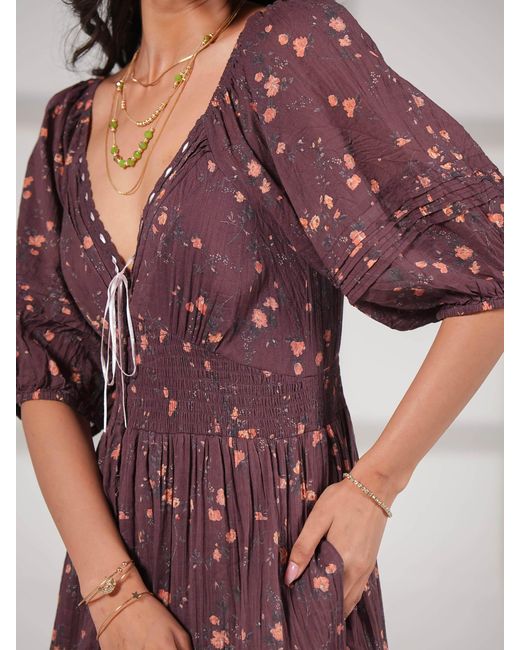 Rose & Nancy Purple Eloise Burgundy Floral Cotton Crinkle Midi Dress