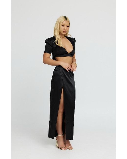 Why Mary Black Cleo Satin Long Slit Skirt
