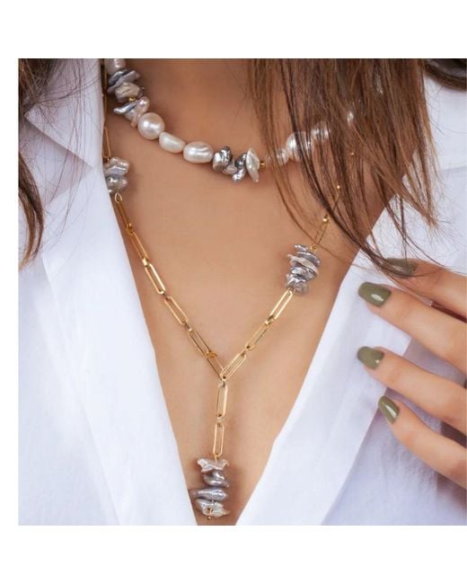 LINYA JEWELLERY Metallic Grez Pearl Long Chain Lariat Necklace