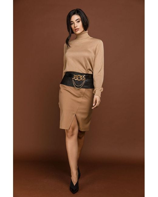 Conquista Brown Camel Striped Pencil Skirt By Si Fashion