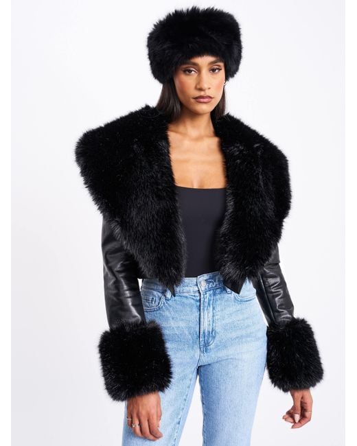 Miss Circle New York Black Ziah Cropped Leather Jacket With Fur Collar