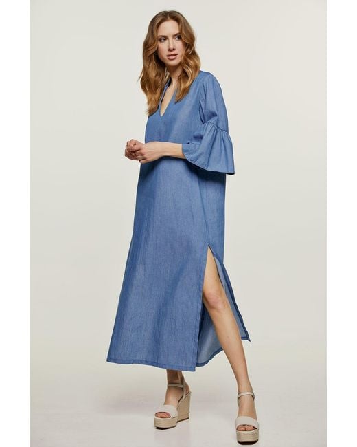 Conquista Blue Denim Style Kaftan With Ruffle Detail