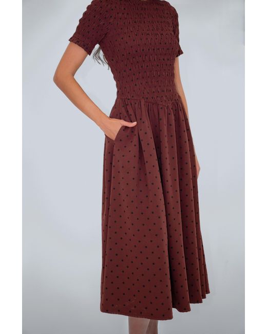 Amy Lynn Red Beatrix Smocked Plum Polka Dot Midi Dress