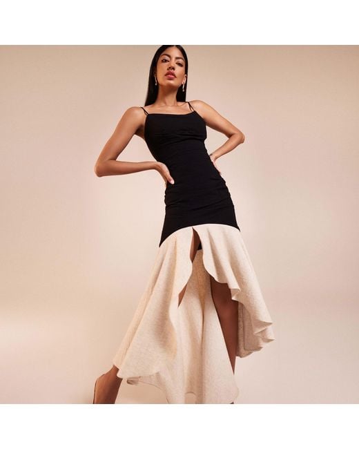 ALINA CERNĂTESCU Black Neutrals Etna & Midi Cotton With An Asymmetric Design And Ruffles Dress